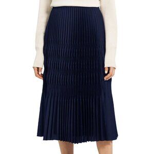 New Theory Satin Broken Pleat Midi Skirt High Tide Navy 2, XS $345